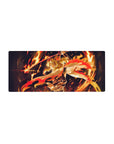 Anime mouse pad 28x12 inches featuring Rengoku from Demon Slayer, showcasing fiery hair, dynamic cloak, and blazing sword.