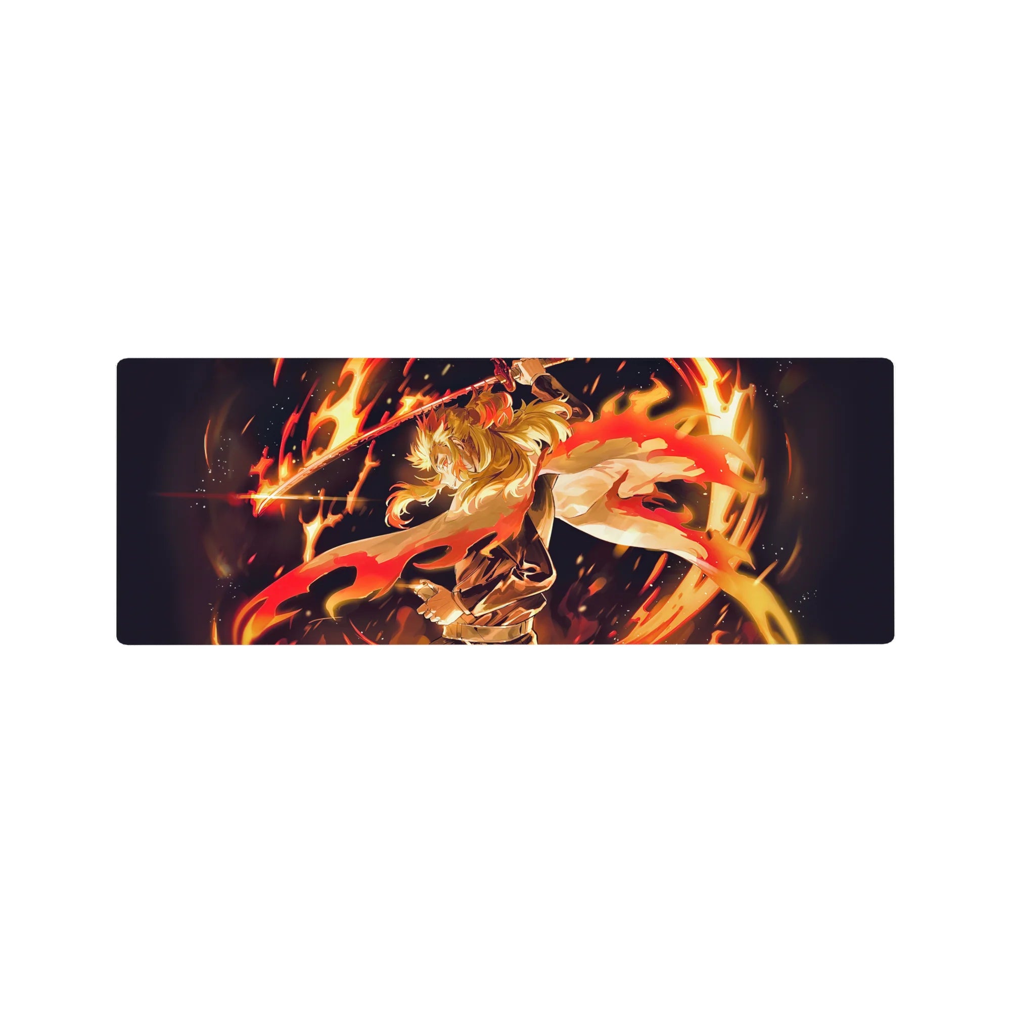 Anime mouse pad 32x12 inches featuring Rengoku from Demon Slayer in fiery action, with vivid orange, red, and gold tones.
