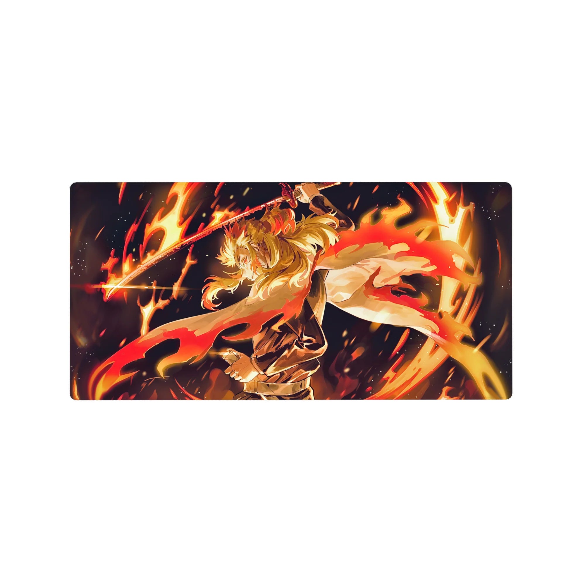 Anime mouse pad 32x16 inches featuring Rengoku from Demon Slayer, with dynamic flames and vibrant colors, ideal for fans.