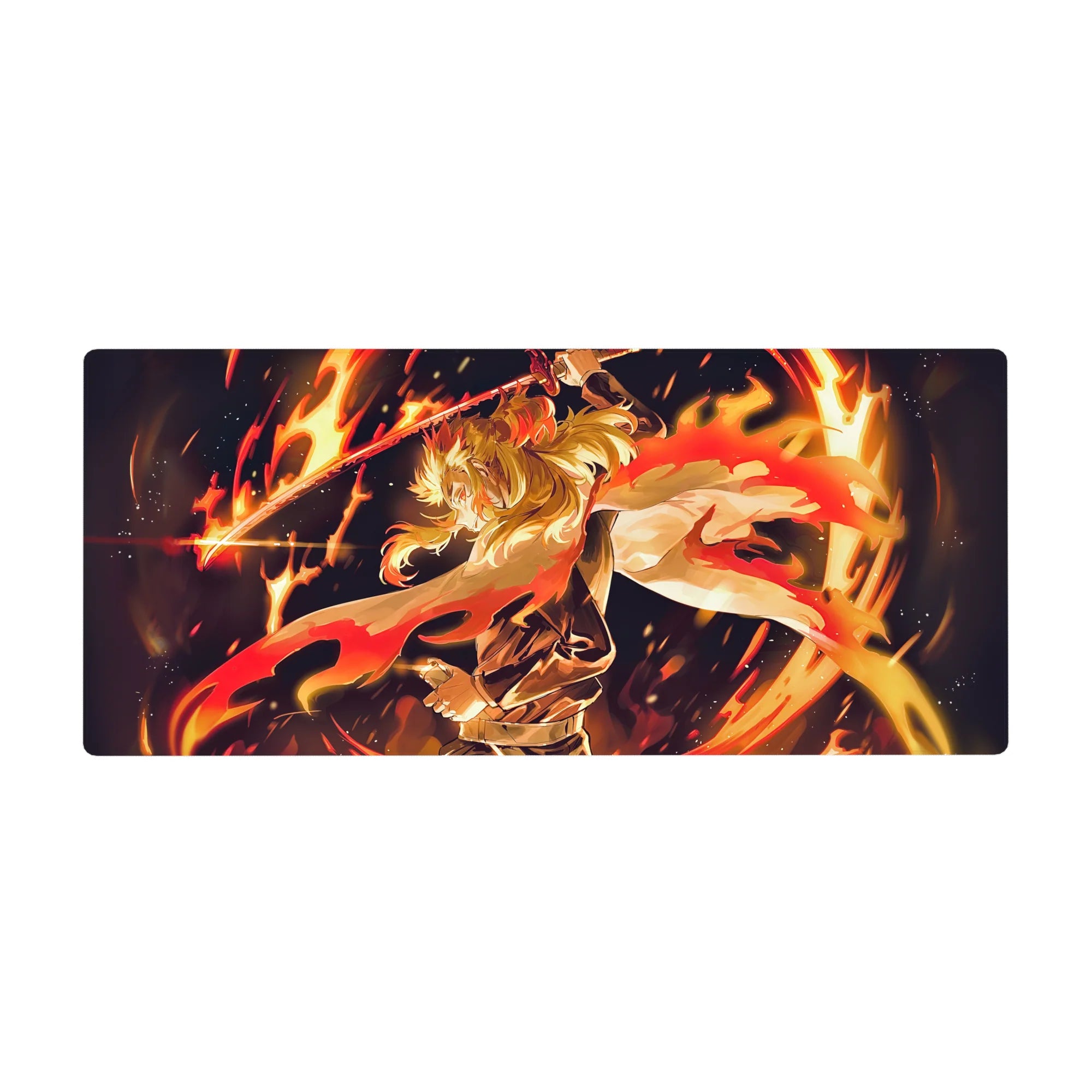 Rengoku Demon Slayer anime mouse pad, 36x16 inches, featuring Rengoku ablaze in red and gold, sword slicing through darkness.