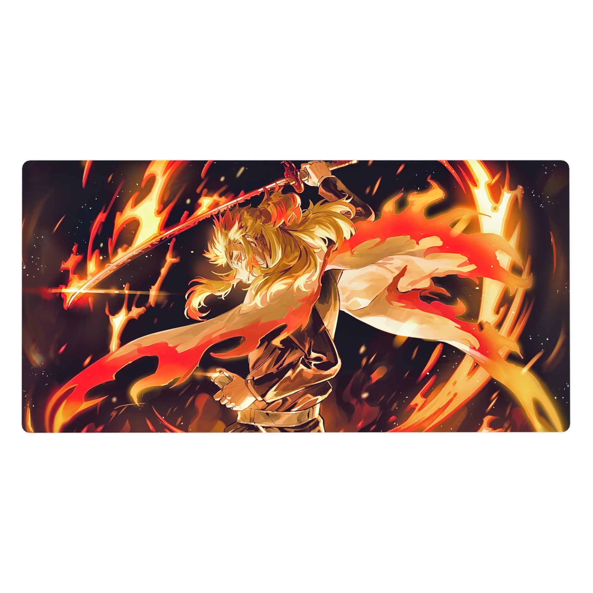 Rengoku from Demon Slayer anime desk pad, 40x20 inches, featuring fiery design with golden hair and blazing sword.