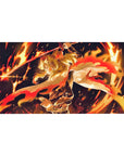 Rengoku from Demon Slayer anime desk pad, 40x20 inches, featuring fiery design with golden hair and blazing sword.
