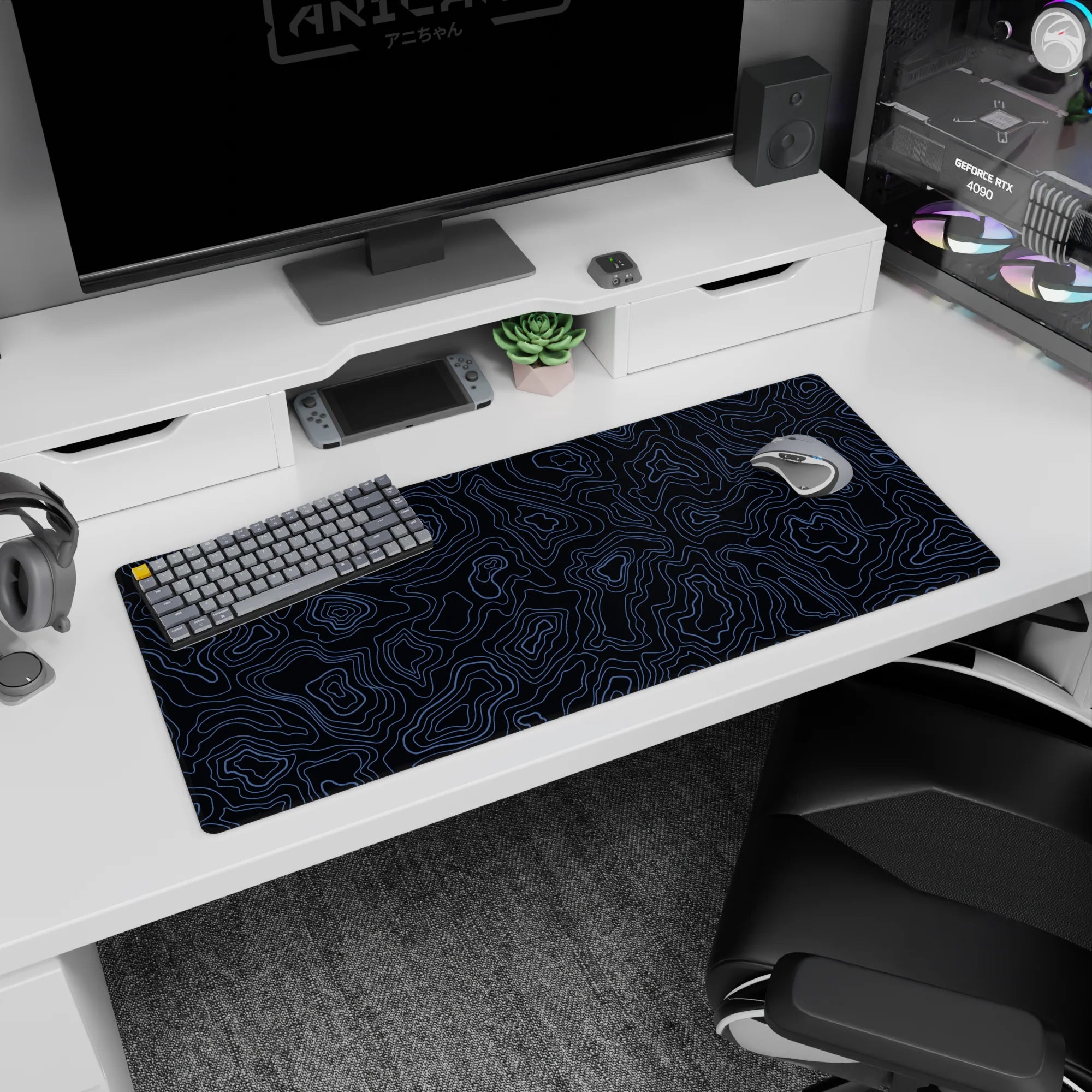 Topographic (Topo) Deskmat | Mousepad | Deskpad - Midnight Waves - AniChan