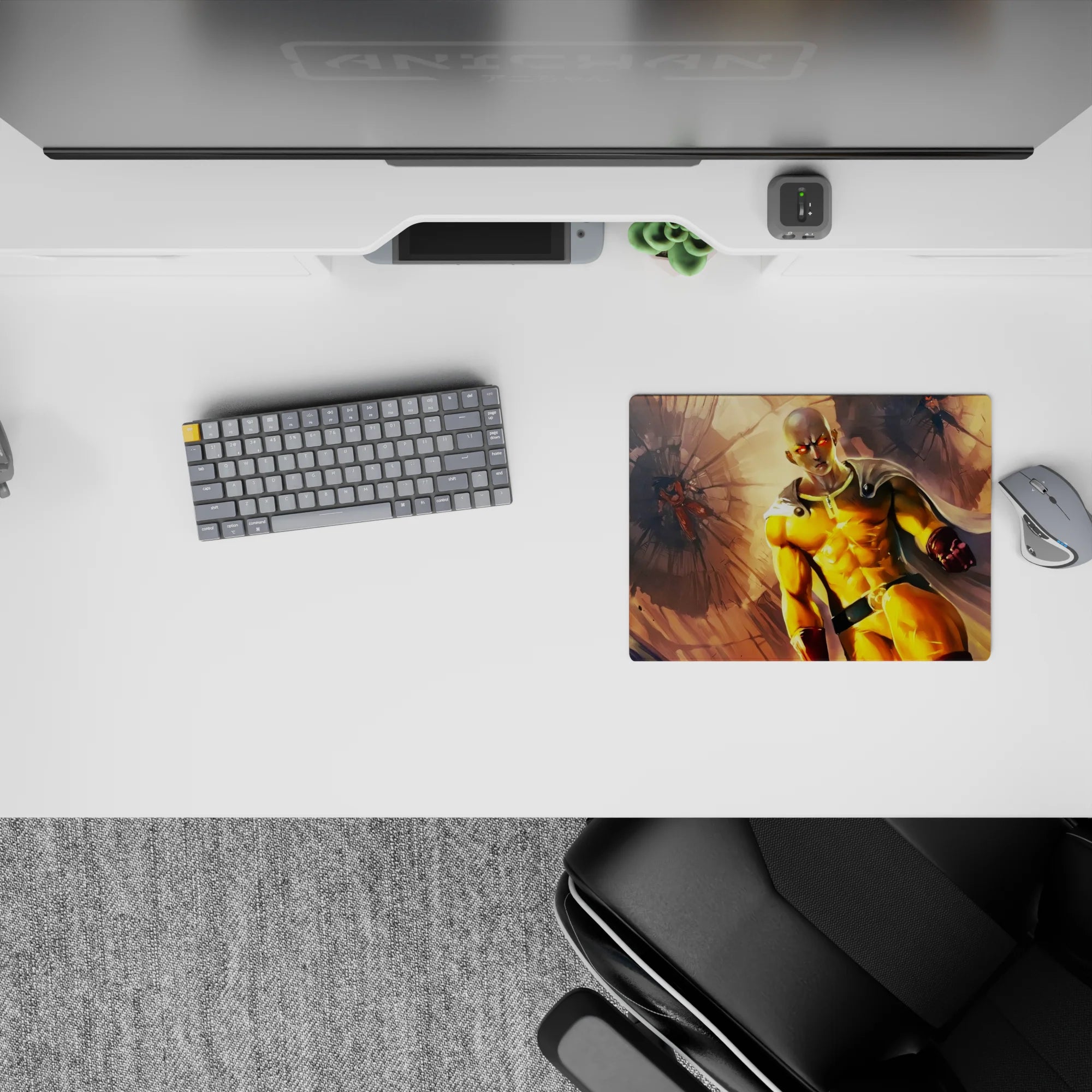 14x10 inches anime mouse pad in bold yellow and gold tones with punchy red gloves, high-impact energy.