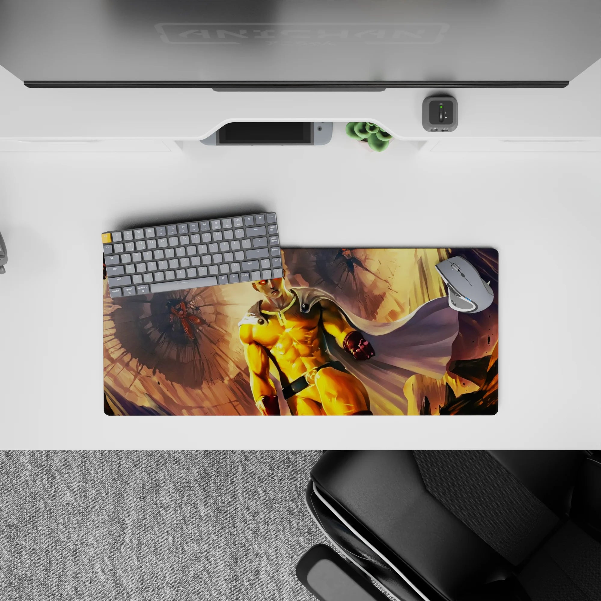 28x12 inches anime mouse pad in bold yellows and warm gold, red gloves popping, high-impact hero mood.