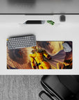 28x12 inches anime mouse pad in bold yellows and warm gold, red gloves popping, high-impact hero mood.