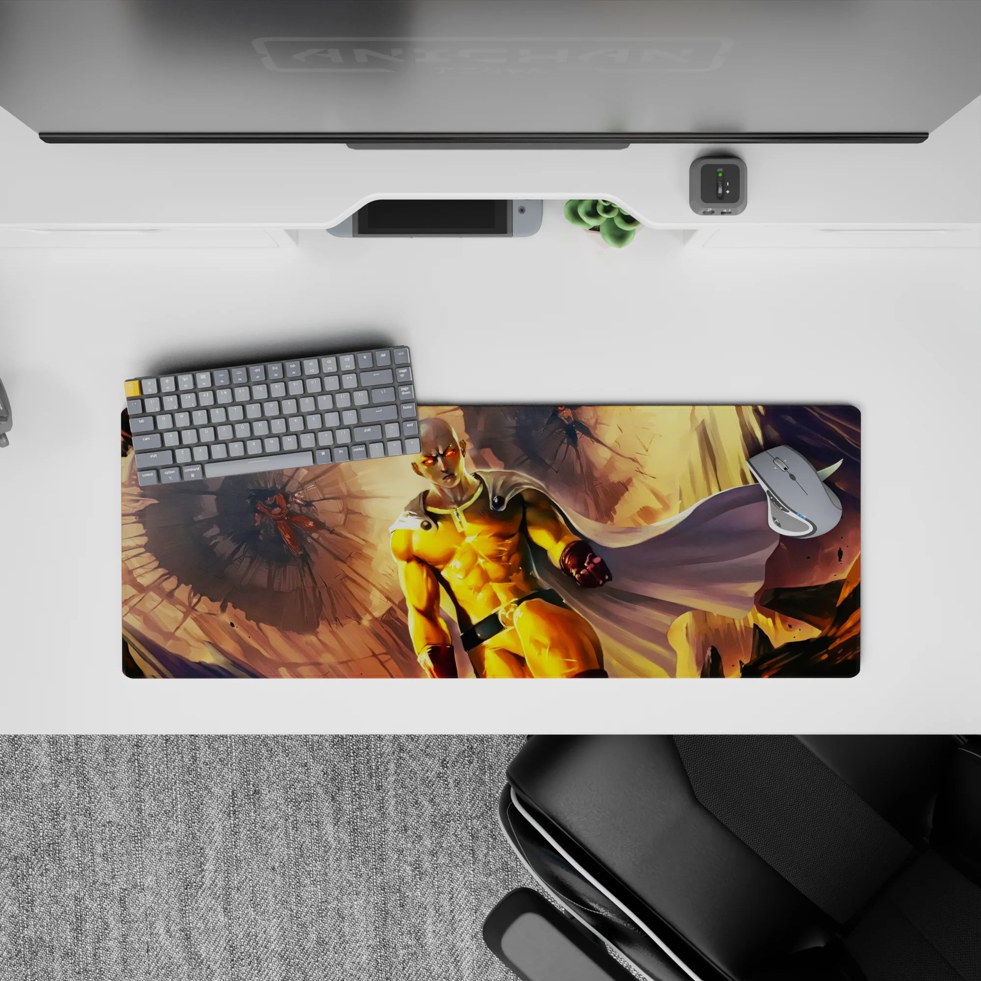 32x12 inches anime mouse pad in bold yellows and warm golds, punchy red gloves, heroic impact vibe.