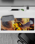 32x12 inches anime mouse pad in bold yellows and warm golds, punchy red gloves, heroic impact vibe.