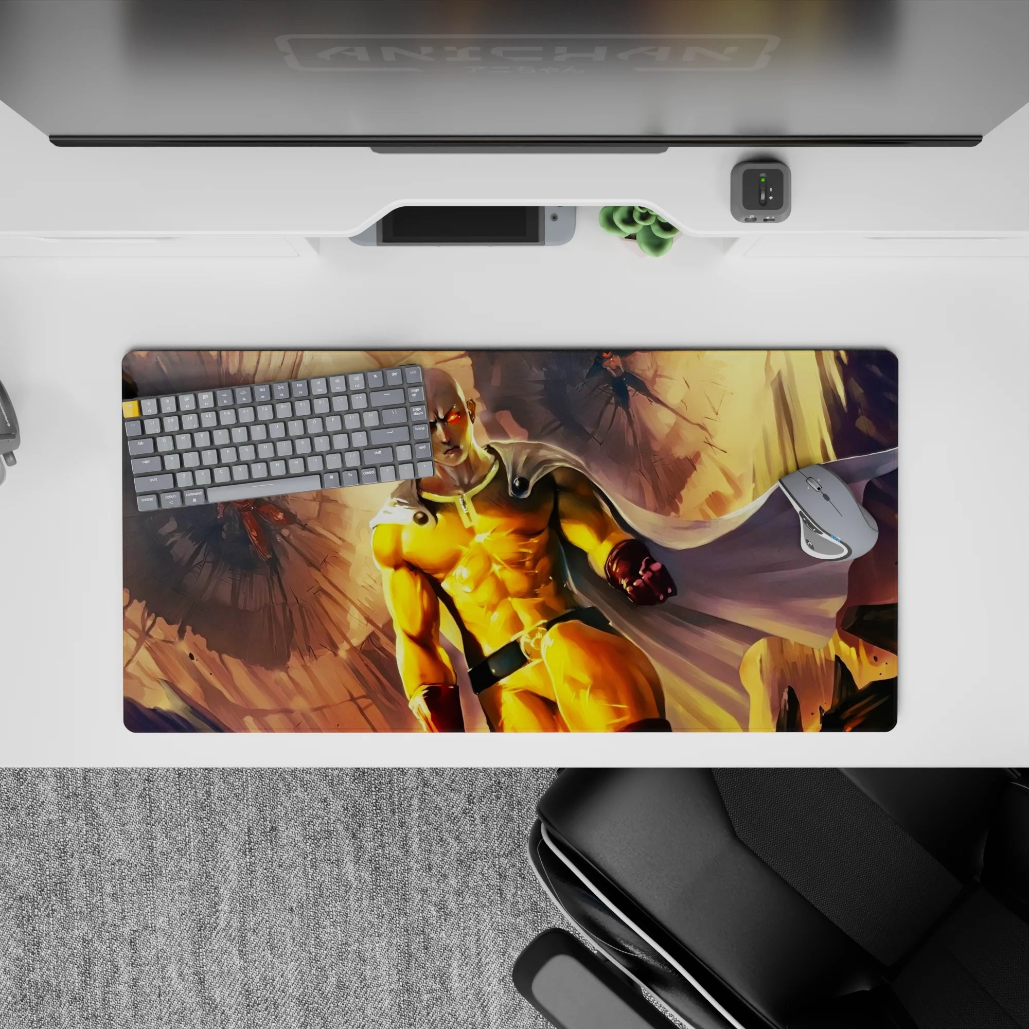 32x16 inches anime mouse pad in bold yellows and warm gold with punchy red gloves, high-impact energy.