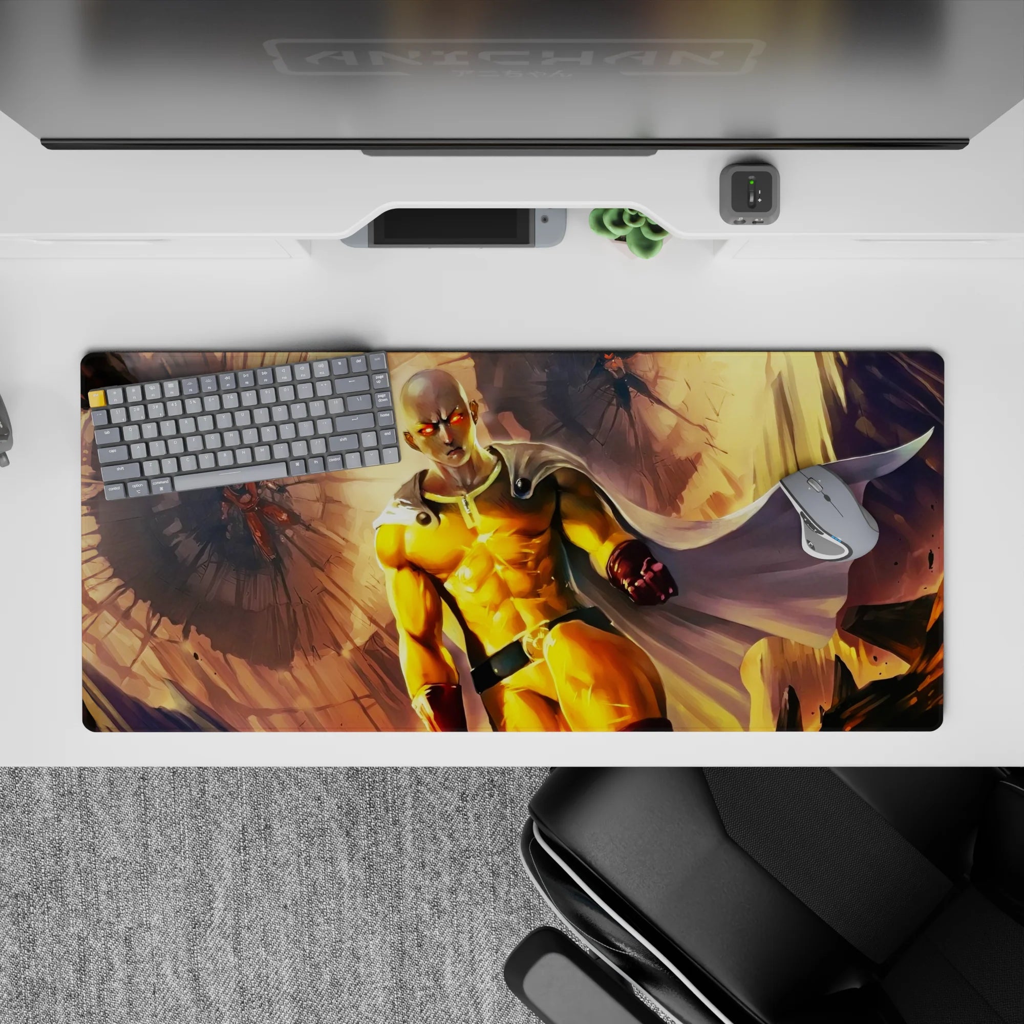 36x16 inches anime desk pad in bold yellows and warm gold, with punchy red gloves and hero energy.