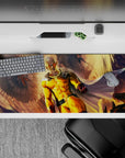 36x16 inches anime desk pad in bold yellows and warm gold, with punchy red gloves and hero energy.