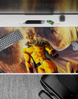Gold and bold yellow anime desk pad 40x20 inches with red glove accents and hero energy mood.