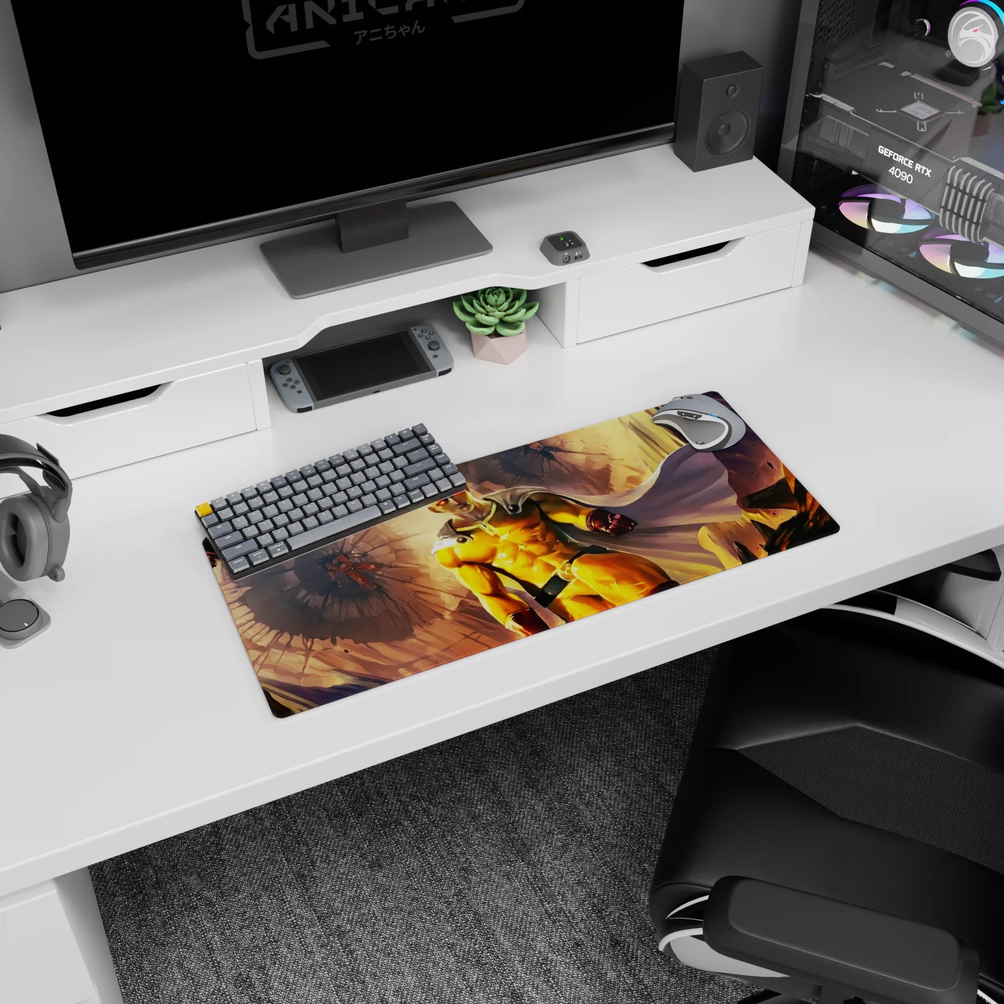 28x12 inches anime mouse pad showing calm-faced Saitama storming forward amid shattered stone and light.