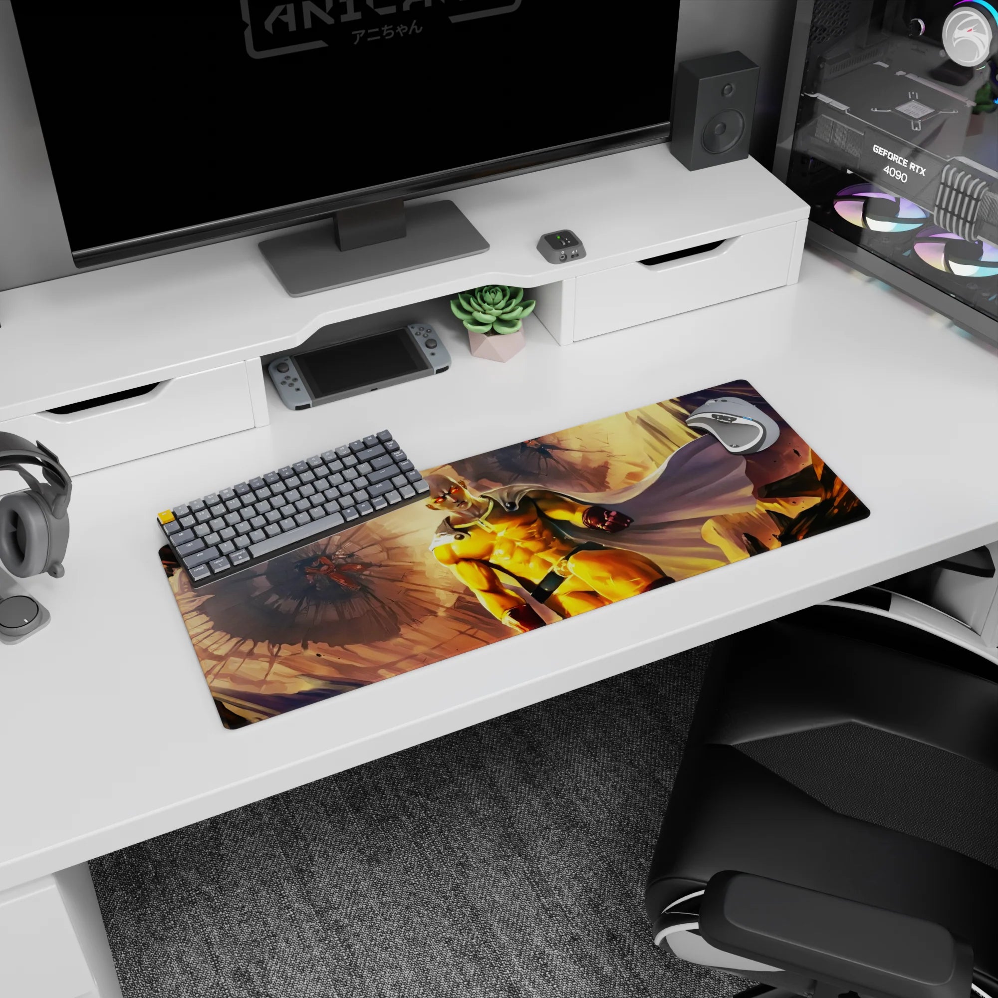 32x12 inches Saitama desk mat, calm face as he storms forward, cape whipping amid debris and blazing light.