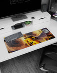 32x12 inches Saitama desk mat, calm face as he storms forward, cape whipping amid debris and blazing light.