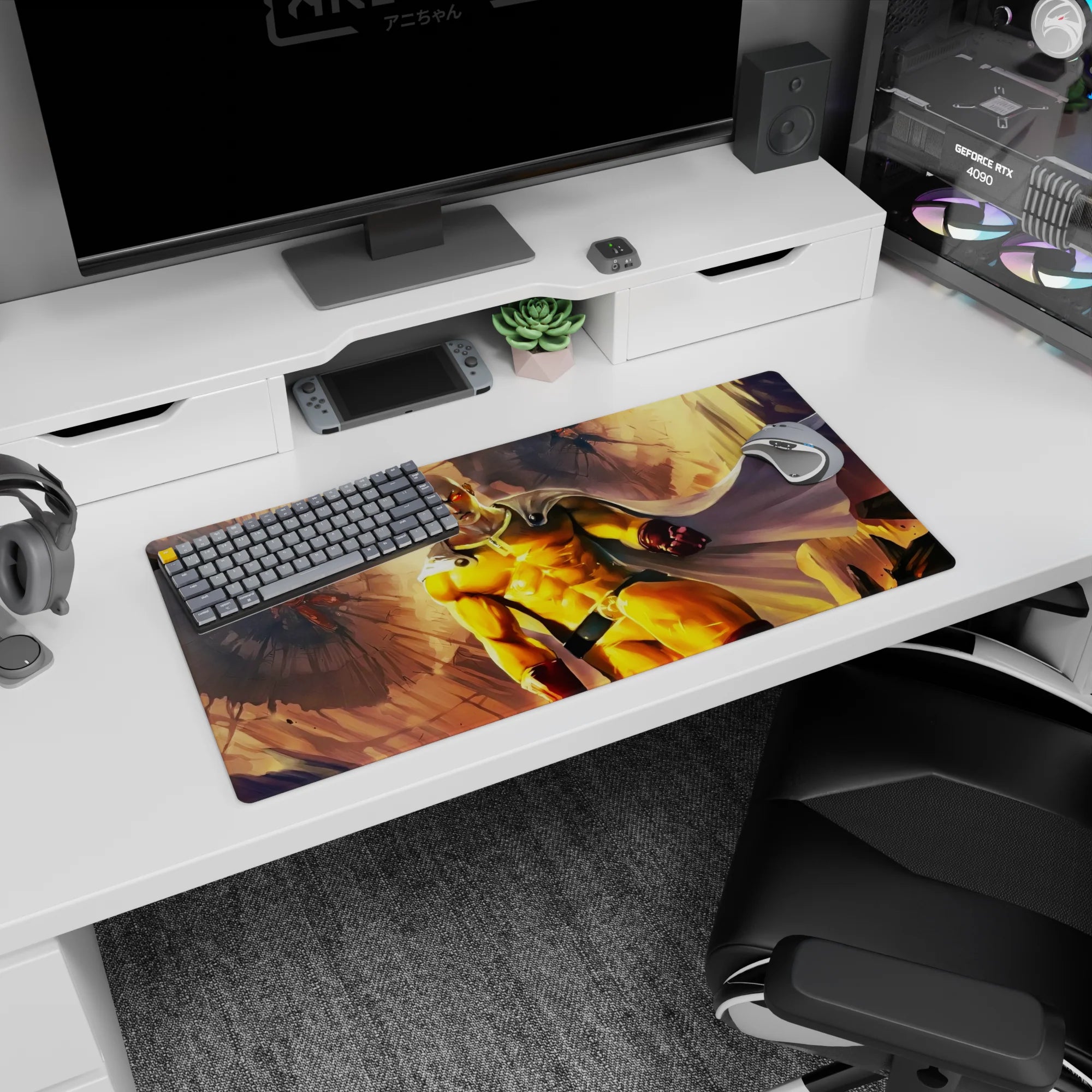 32x16 inches One Punch Man mouse pad featuring Saitama rushing forward through shattered stone and light.