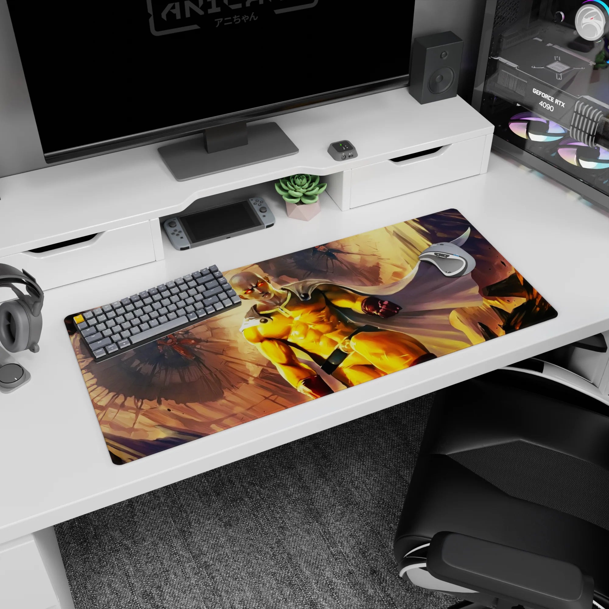 36x16 inches anime desk pad showing Saitama calm-faced in impact light, cape flying through shattered stone.
