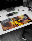 36x16 inches anime desk pad showing Saitama calm-faced in impact light, cape flying through shattered stone.