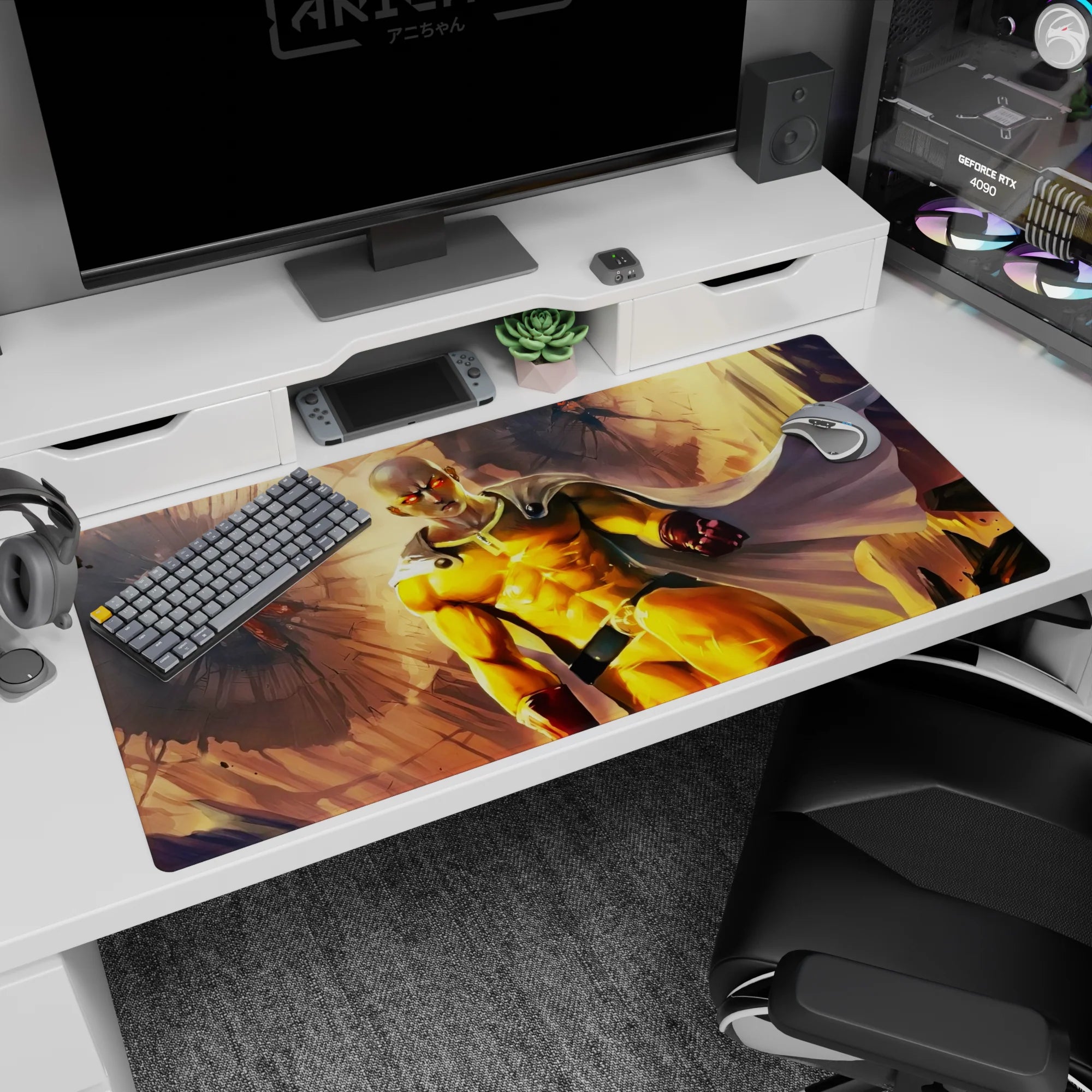 Saitama charging through debris on an anime desk pad 40x20 inches, calm face amid blazing light.