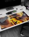Saitama charging through debris on an anime desk pad 40x20 inches, calm face amid blazing light.