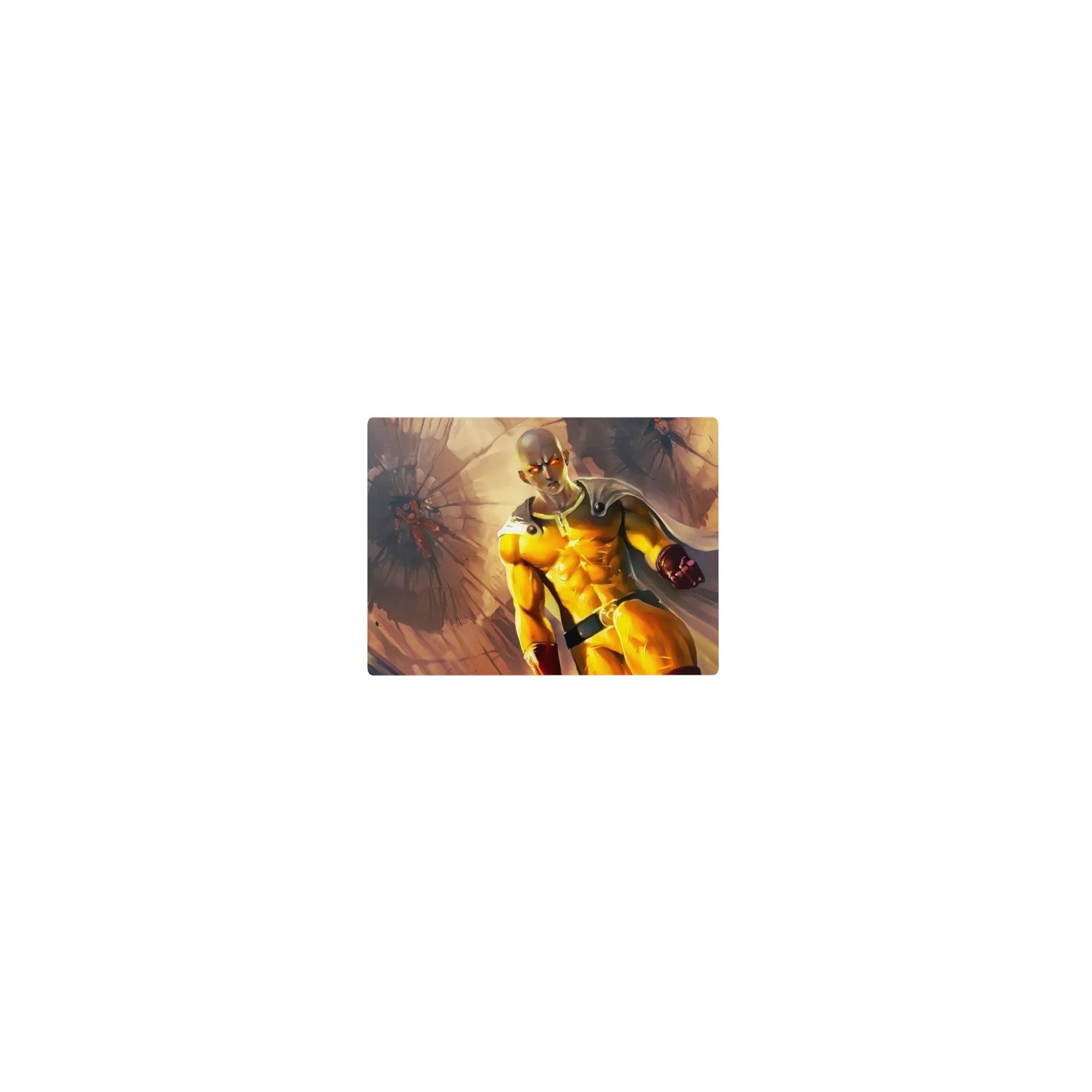 Classic anime mouse pad 14x10 inches with hero charging through rubble, cape flared, cinematic burst.