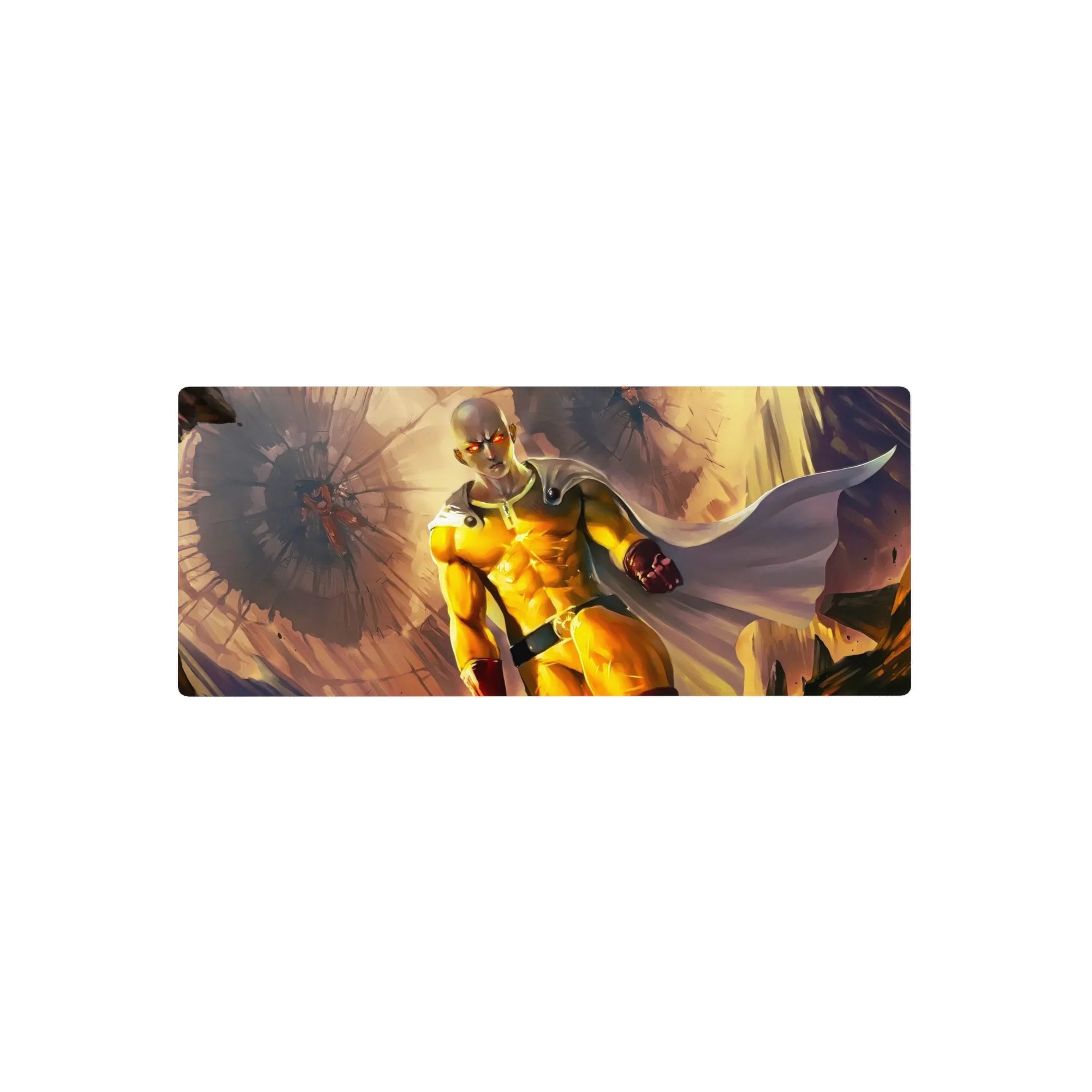28x12 inches anime mouse pad with Saitama charging through rubble, cape flared, cinematic burst backdrop.