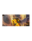 28x12 inches anime mouse pad with Saitama charging through rubble, cape flared, cinematic burst backdrop.