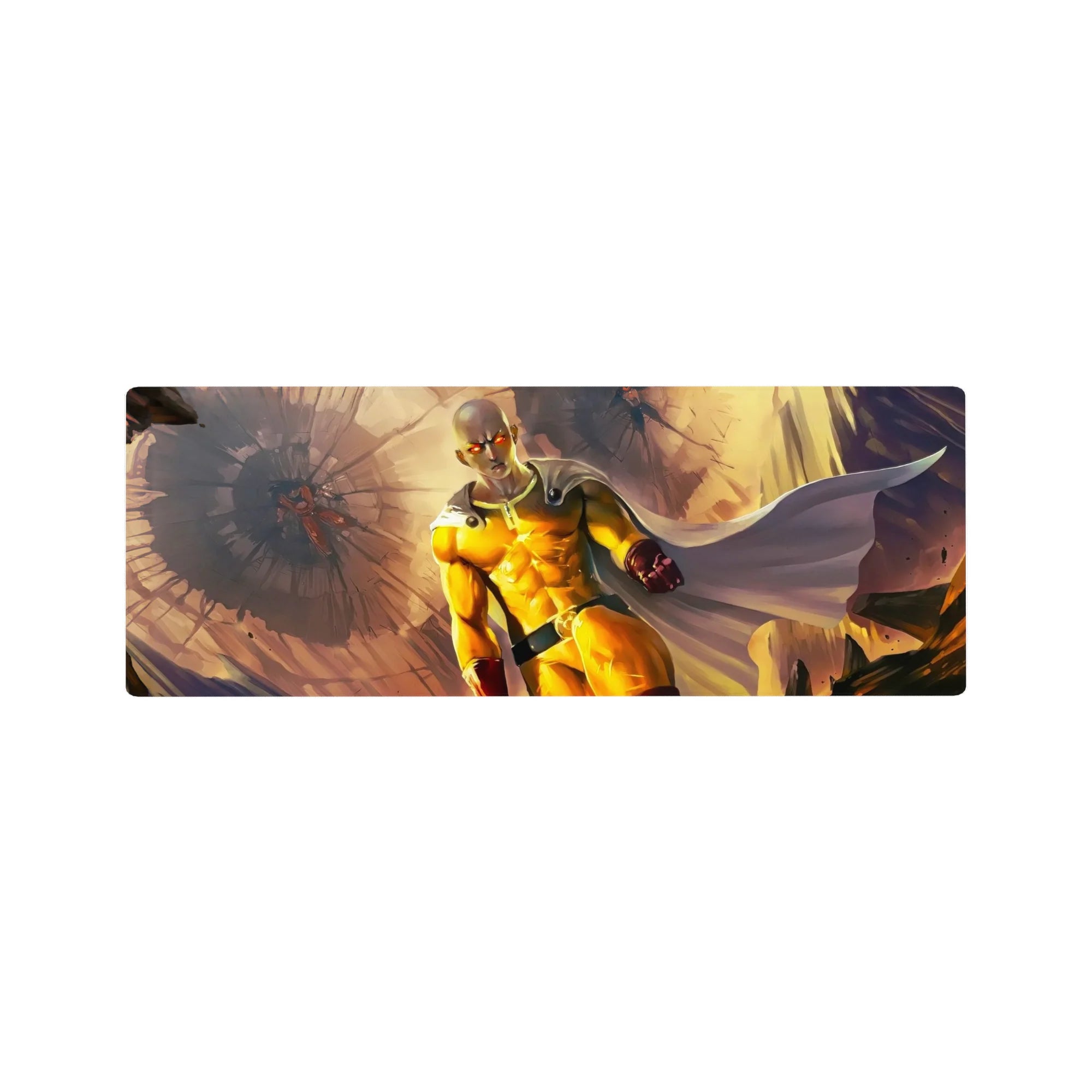32x12 inches anime mouse pad with Saitama charging through shattered stone and a cinematic burst backdrop.