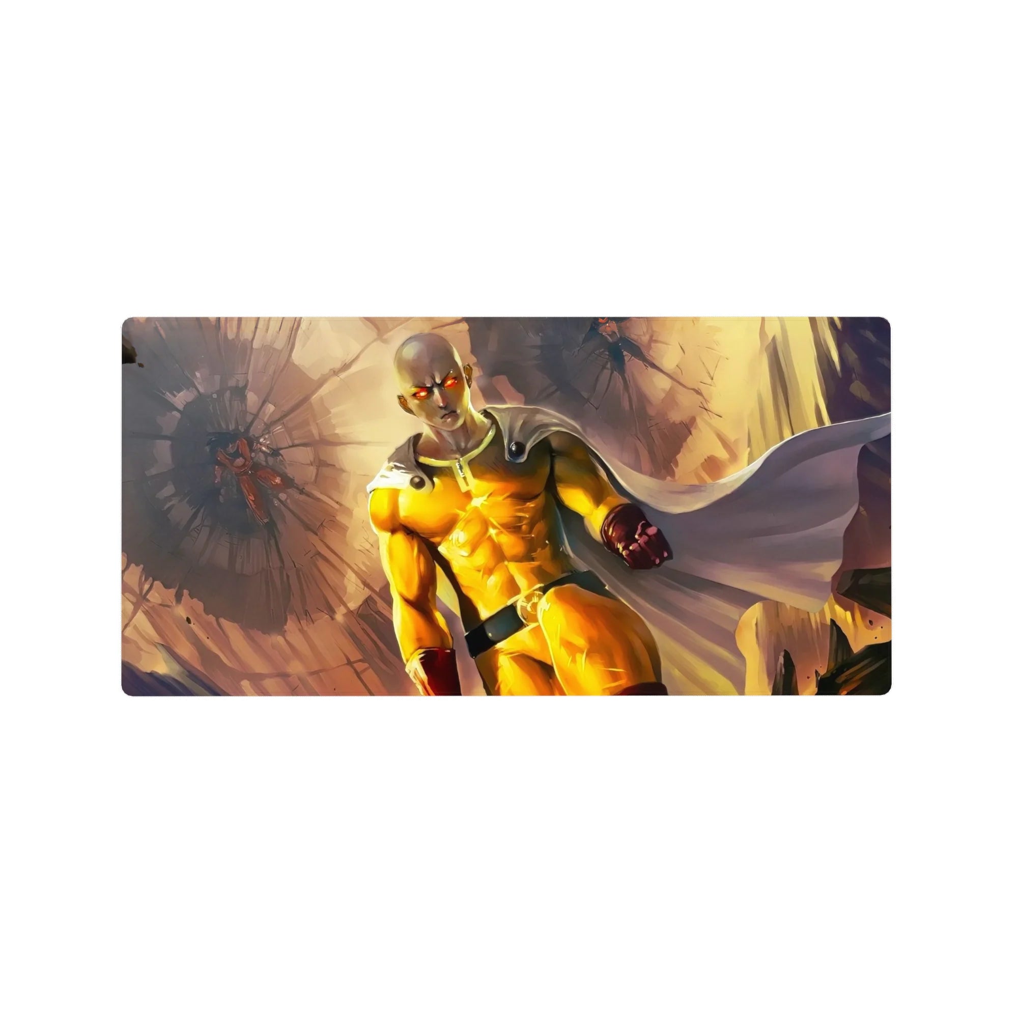 32x16 inches anime mouse pad with hero charging through rubble, cape sweeping, cinematic burst backdrop.