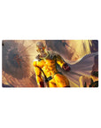 32x16 inches anime mouse pad with hero charging through rubble, cape sweeping, cinematic burst backdrop.