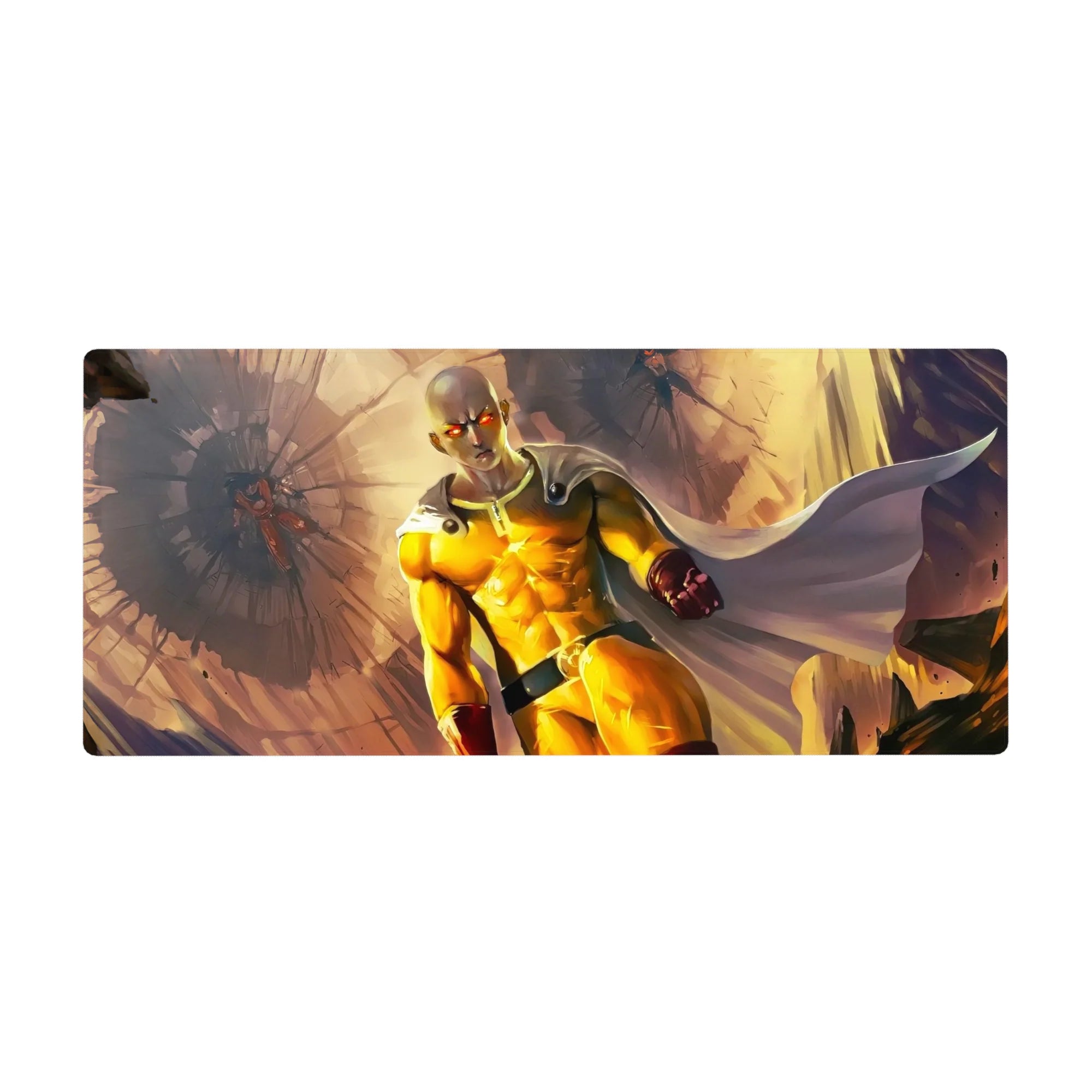 36x16 inches anime desk pad with Saitama charging through rubble and a blazing cinematic burst backdrop.