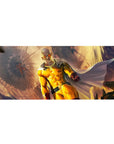 36x16 inches anime desk pad with Saitama charging through rubble and a blazing cinematic burst backdrop.
