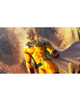 Saitama anime desk pad 40x20 inches with shattered stone, cinematic burst, and flowing cape.