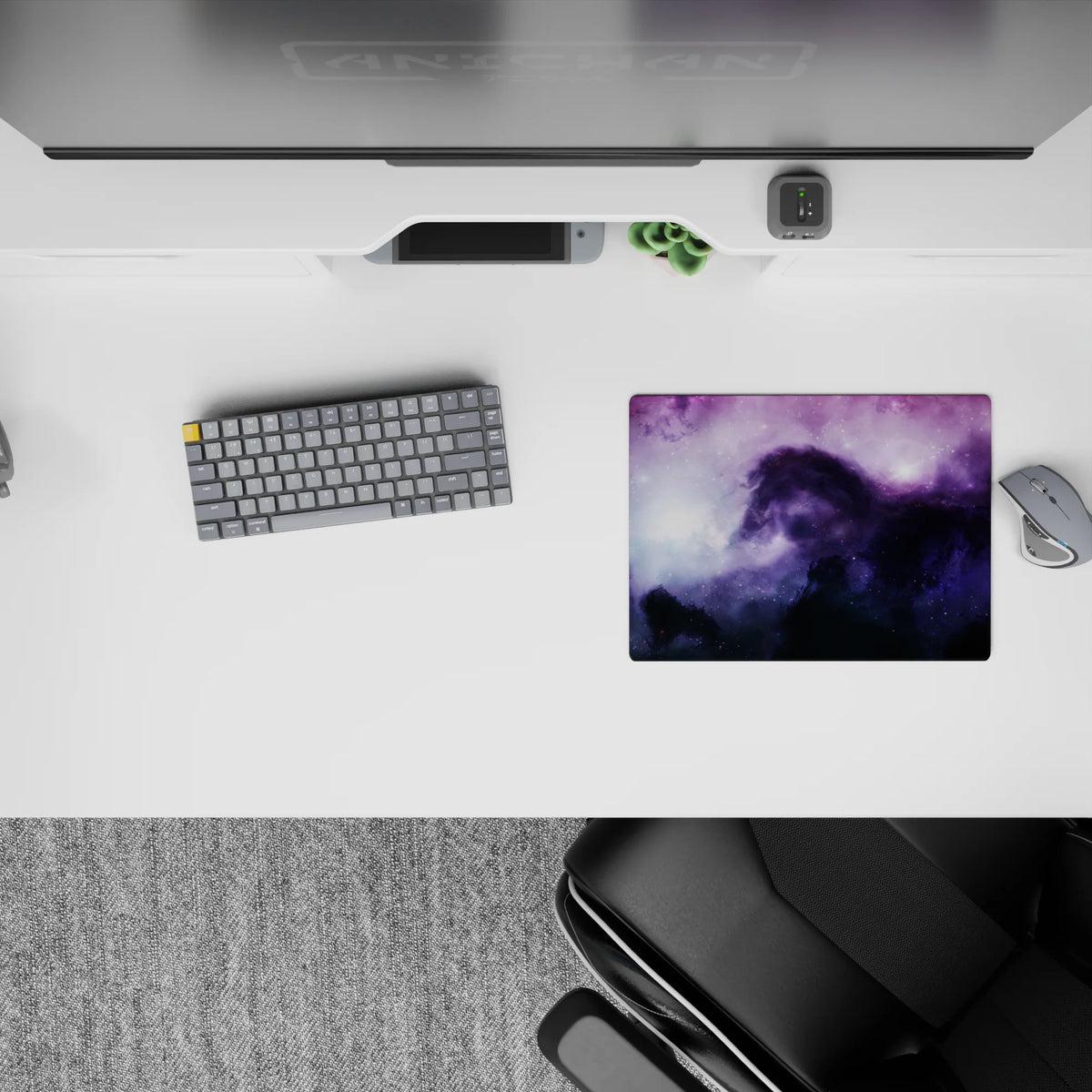 Calm magical mouse pad in soft purples fading to inky blues with misty light blooms, 14x10 inches.