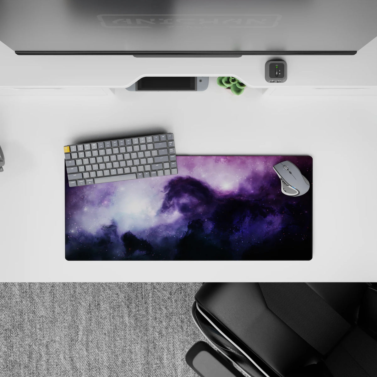 Calm magical purple-to-inky blue gradient mouse pad, 28x12 inches, with misty light blooms and stars.