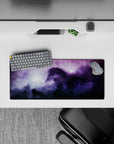 Calm magical purple-to-inky blue gradient mouse pad, 28x12 inches, with misty light blooms and stars.