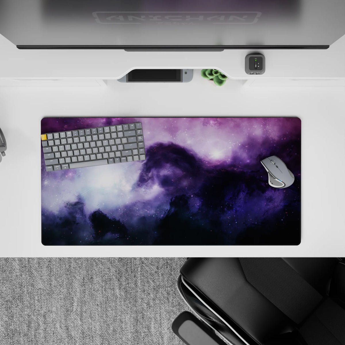 Calm mystical purple-to-inky blue gradient mouse pad 32x16 inches with misty light blooms and stars.