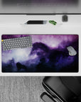 Calm mystical purple-to-inky blue gradient mouse pad 32x16 inches with misty light blooms and stars.
