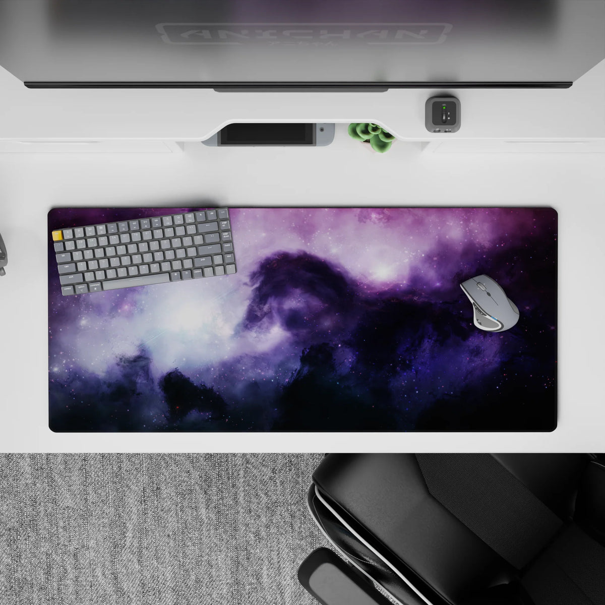 Calm mystical purple-to-inky blue gradient desk pad with misty light blooms, 36x16 inches.
