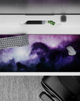 Calm mystical purple-to-inky blue gradient desk pad with misty light blooms, 36x16 inches.