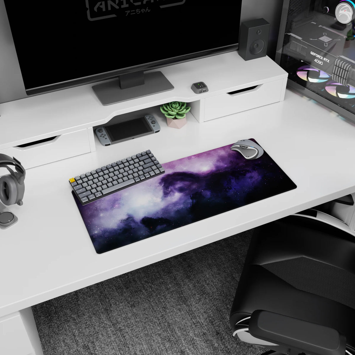 Shadowy horse silhouette in a violet space nebula mouse pad, 28x12 inches, surrounded by stardust.