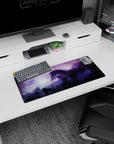 Shadowy horse silhouette in a violet space nebula mouse pad, 28x12 inches, surrounded by stardust.
