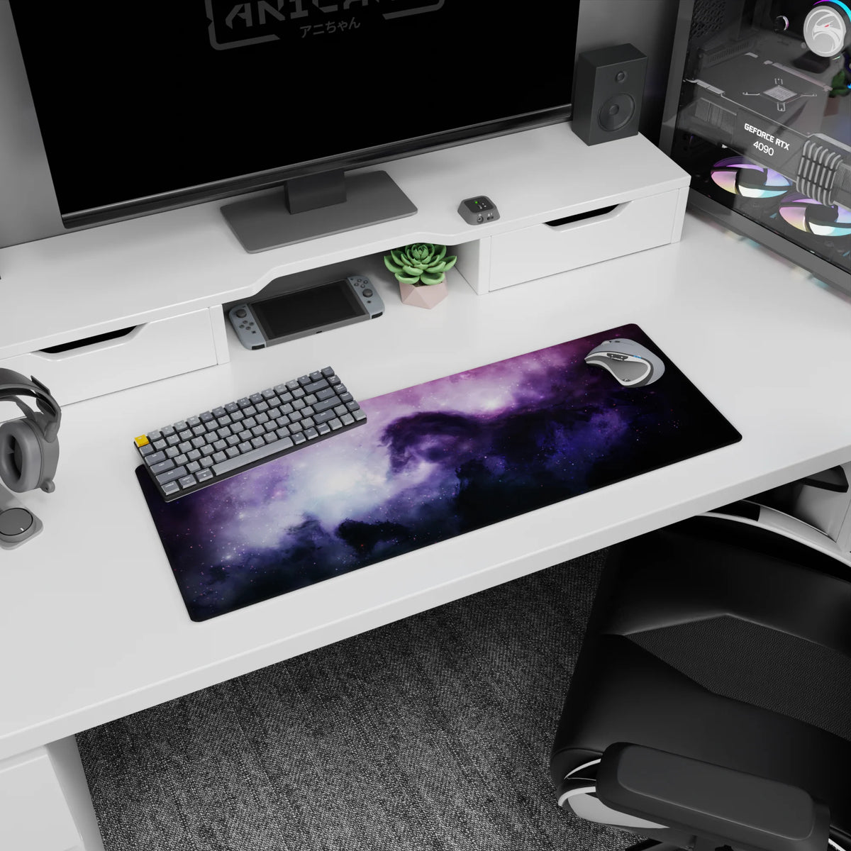 Shadowy horse silhouette in a stardust nebula mouse pad 32x12 inches with misty galaxy sky.
