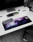 Shadowy horse silhouette in a stardust nebula mouse pad 32x12 inches with misty galaxy sky.