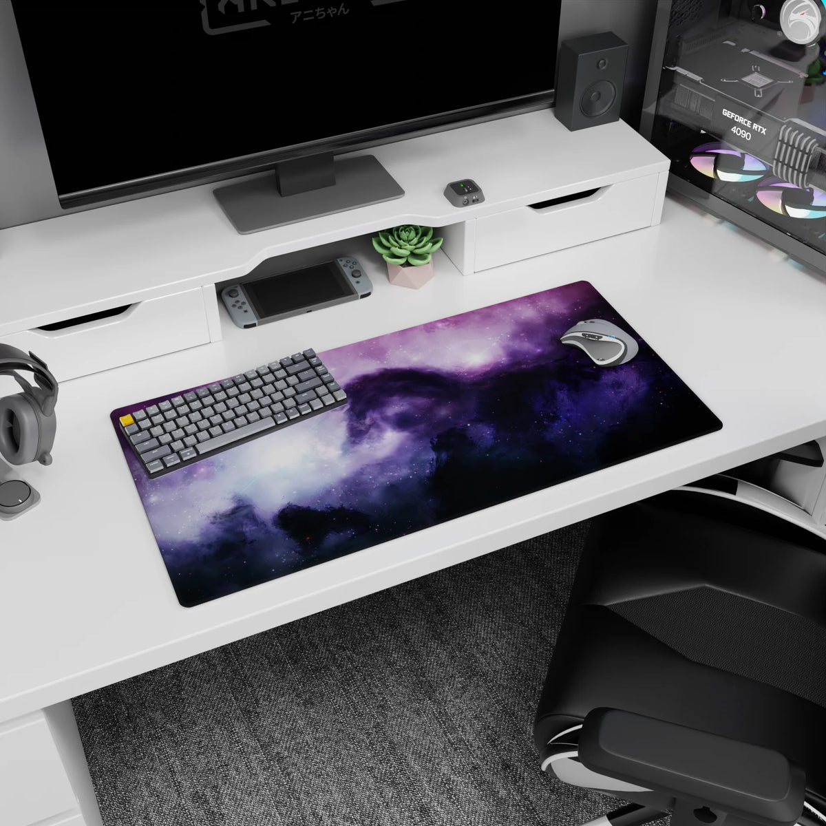 Shadowy horse silhouette in a violet space nebula mouse pad 32x16 inches, stardust and tiny stars.