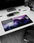 Shadowy horse silhouette in a violet space nebula mouse pad 32x16 inches, stardust and tiny stars.