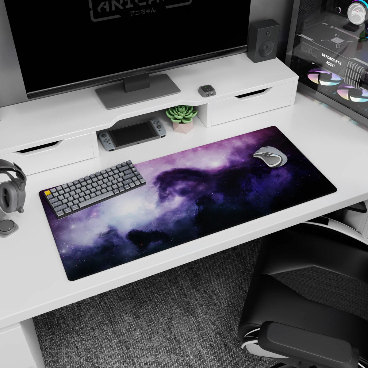 Shadowy horse emerging in a starry violet nebula desk pad scene, 36x16 inches.