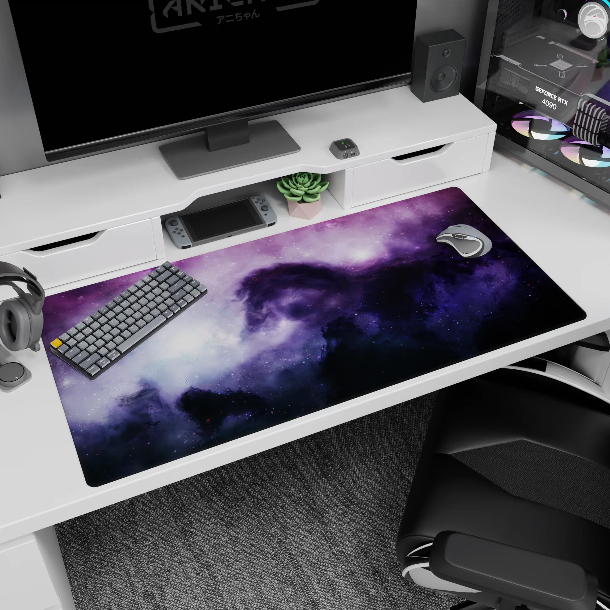 Shadowy horse silhouette emerging in a dreamy starry nebula desk pad, 40x20 inches.