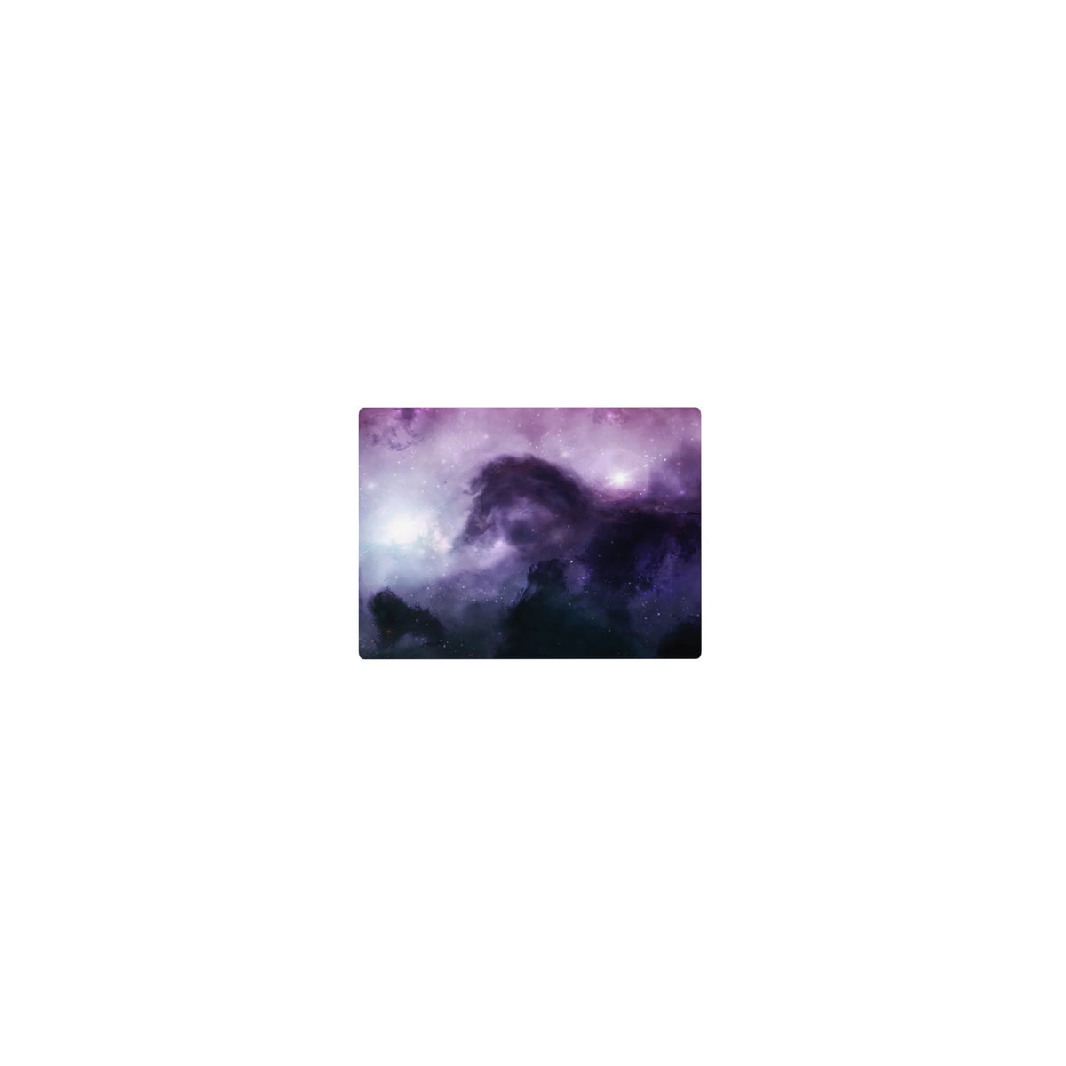 Violet nebula sky desk mouse pad with speckled stars and dreamy horse silhouette, 14x10 inches.