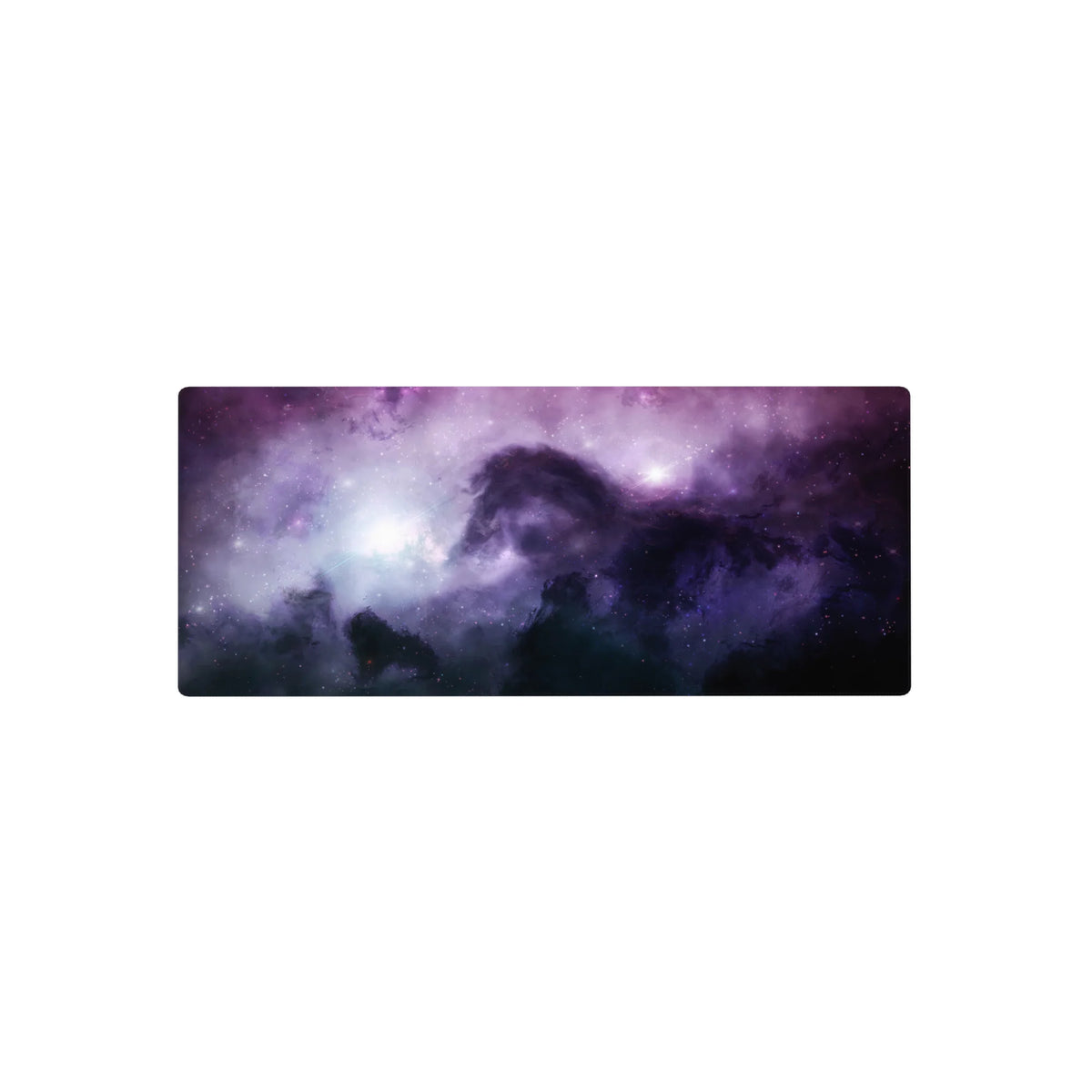 Violet nebula stardust desk mouse pad, 28x12 inches, with speckled stars and dreamy sky design.